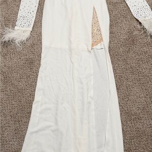 Windsor White Long Sleeve Dress with Feather Accents